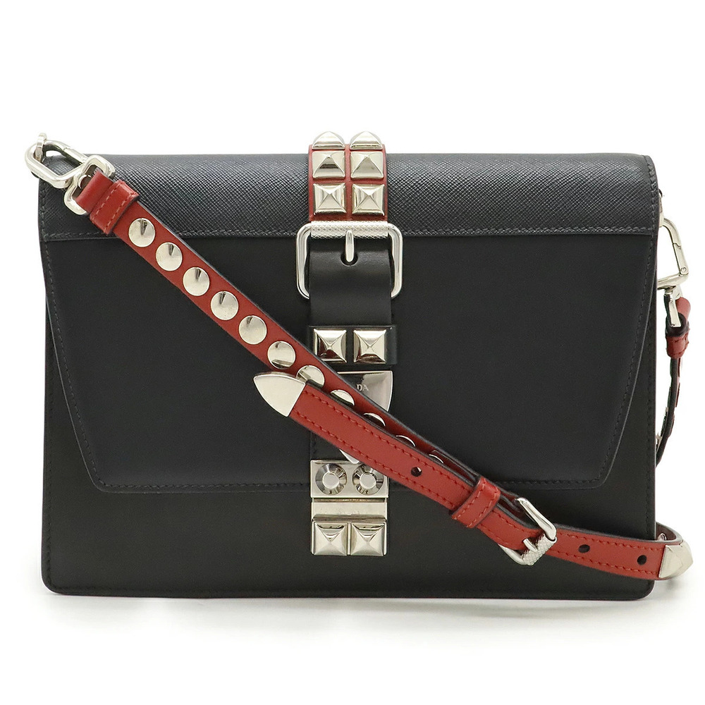 Prada Electra Studded Crossbody Bag Clutch Leather NERO Black Red